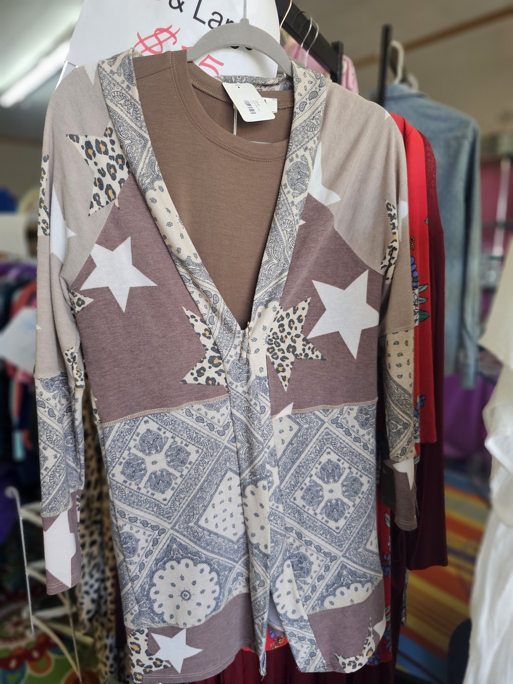 entro Star & Paisley Hooded Cardigan in Taupe and Cream